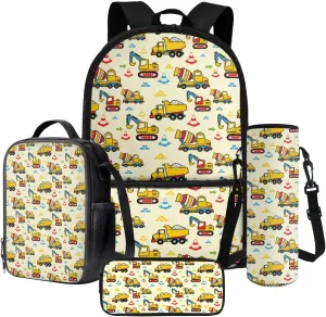 Poceacles Unisex School Backpack Set 4 Pcs Kids Schoolbag with Insulated Lunch Box Bag Water Bottle Carrier Pencil Case Rucksack Fits 14" Laptop, Concrete Mixer Truck Crane Traffic Cone Yellow