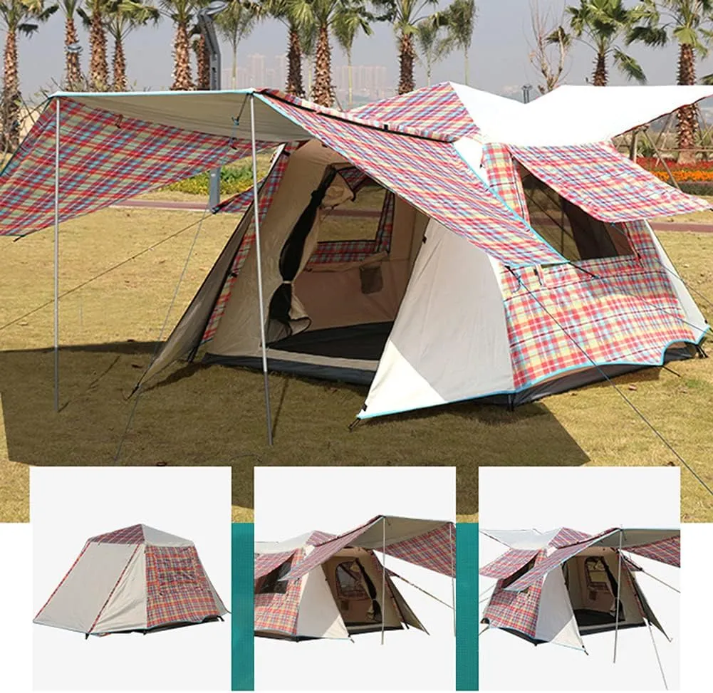 Pop Up Tents with Porch for Camping Waterproof Instant Tent 3-4 Person Double Layer for Family Automatic Tent Easy Setup for Camping Hiking Mountaineering Beach, Red