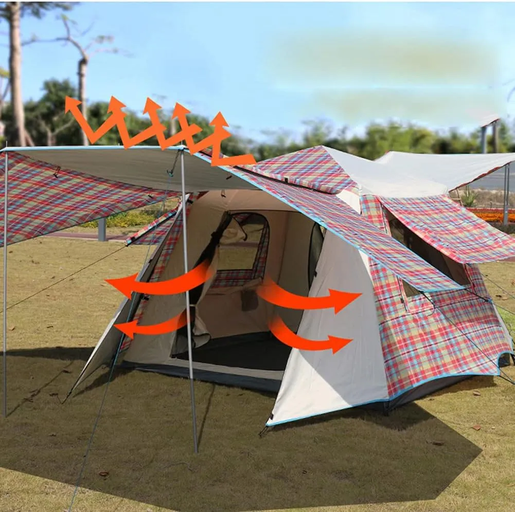 Pop Up Tents with Porch for Camping Waterproof Instant Tent 3-4 Person Double Layer for Family Automatic Tent Easy Setup for Camping Hiking Mountaineering Beach, Red