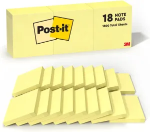Post-it Notes, 3x3 in, 18 Pads, Canary Yellow, Clean Removal, Recyclable
