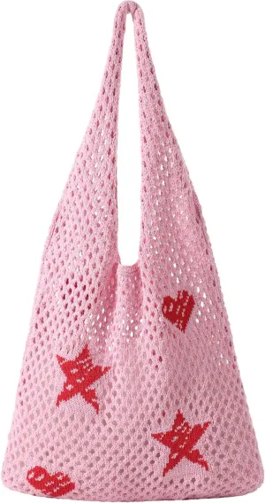 Premillow Crochet Beach Tote Bags, Stylish Mesh Beach Bags Shoulder Bag for Women, Cute Summer Vacation Boho Tote Bag