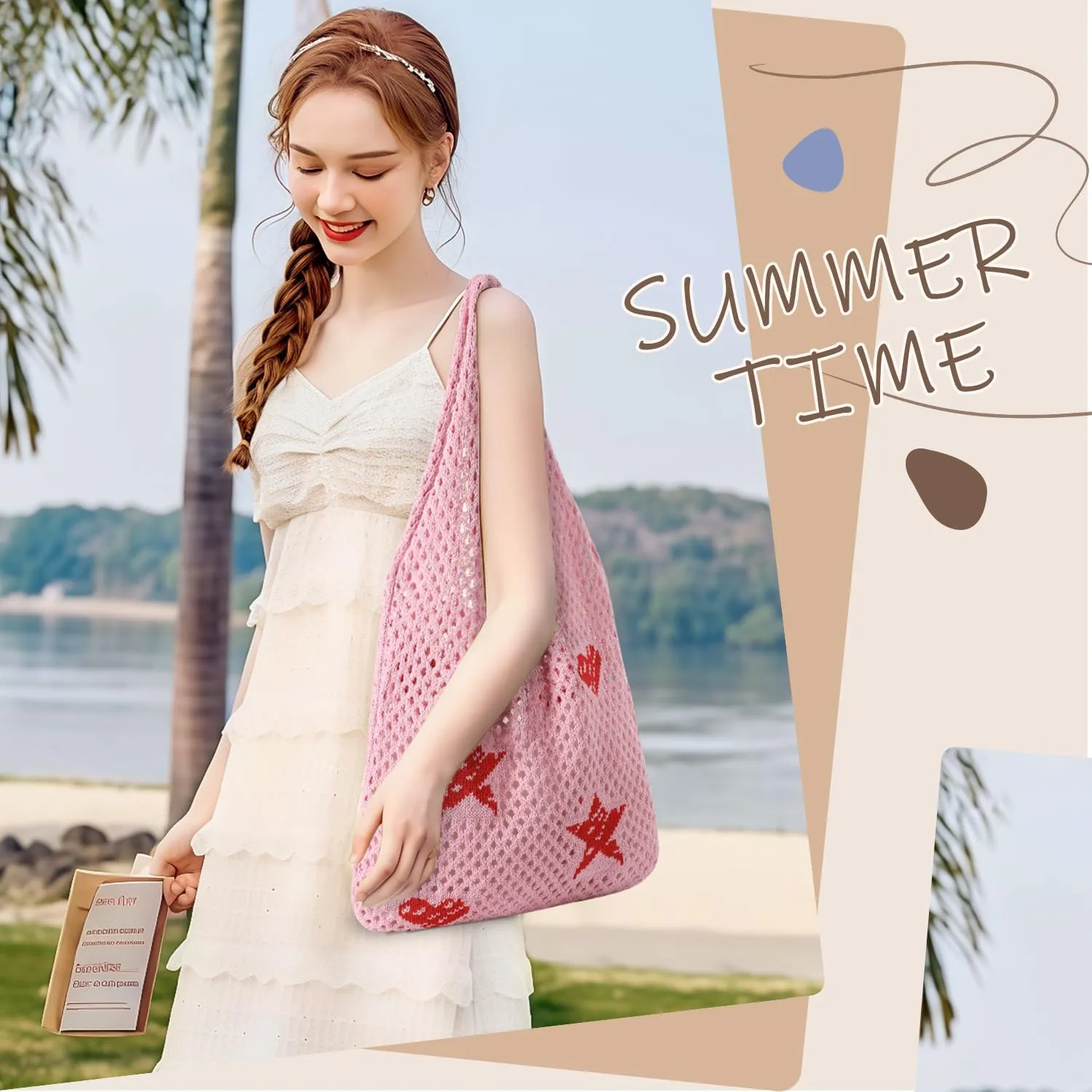 Premillow Crochet Beach Tote Bags, Stylish Mesh Beach Bags Shoulder Bag for Women, Cute Summer Vacation Boho Tote Bag