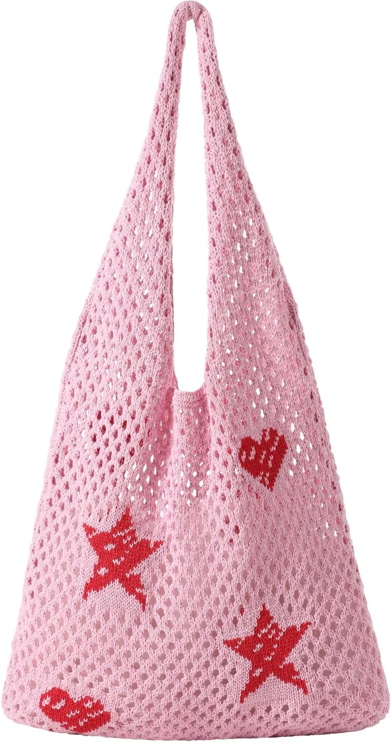 Premillow Crochet Beach Tote Bags, Stylish Mesh Beach Bags Shoulder Bag for Women, Cute Summer Vacation Boho Tote Bag