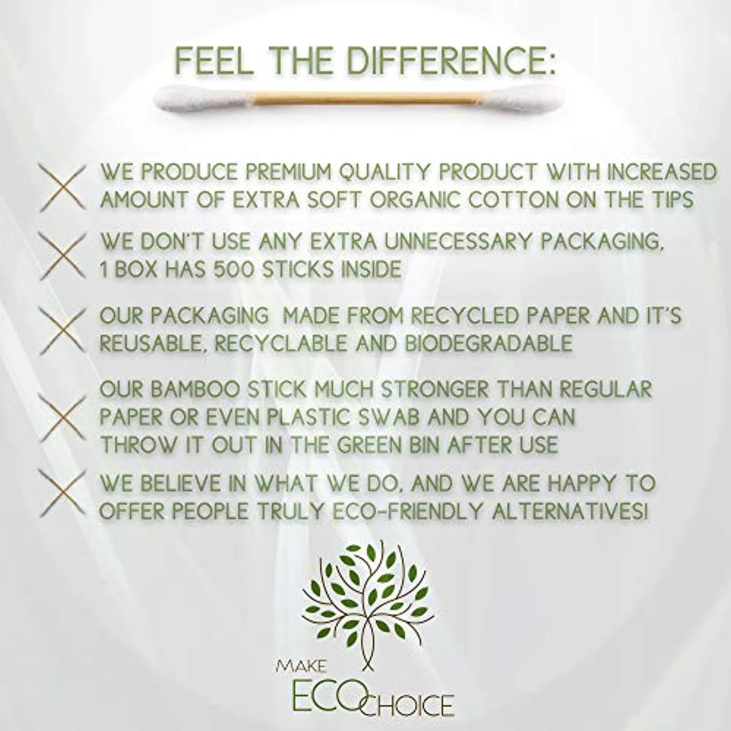 Premium Organic 500 Bamboo Cotton Swabs, Compostable Zero Waste Disposable Eco Friendly, 2 packs