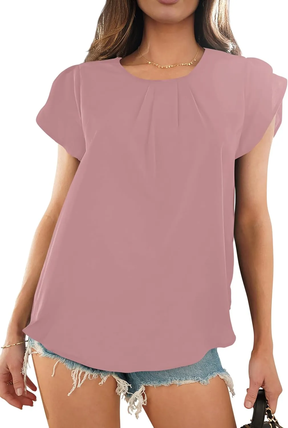 PRETTYGARDEN Women's Tops 2025 Casual Summer Round Neck Short Sleeve Basic Pleated Loose Fit Blouses Plain Tunic Shirts