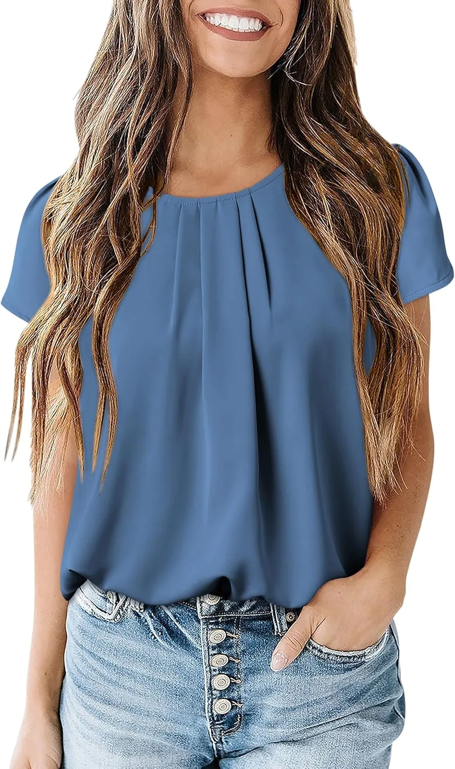 PRETTYGARDEN Women's Tops 2025 Casual Summer Round Neck Short Sleeve Basic Pleated Loose Fit Blouses Plain Tunic Shirts