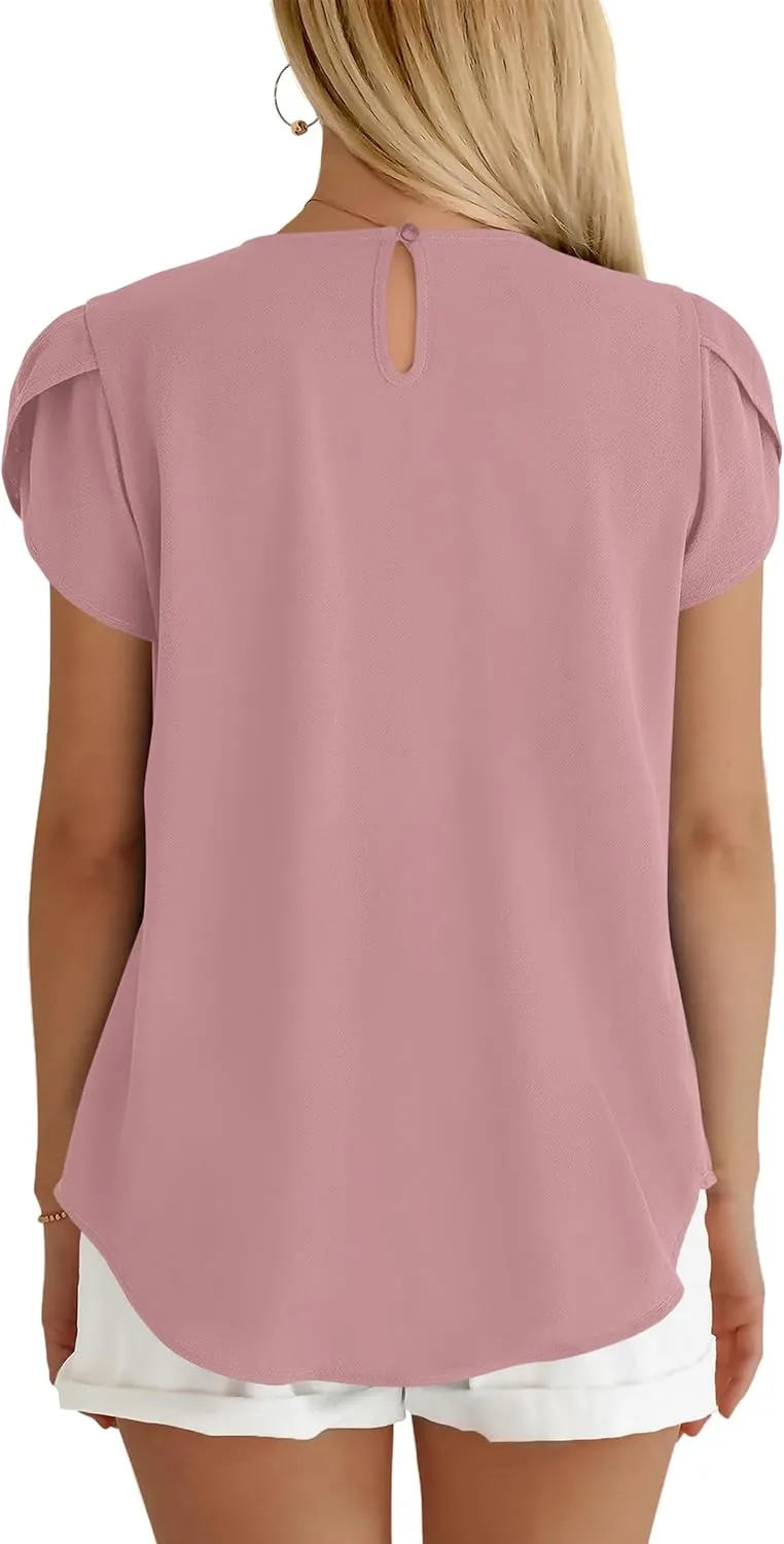 PRETTYGARDEN Women's Tops 2025 Casual Summer Round Neck Short Sleeve Basic Pleated Loose Fit Blouses Plain Tunic Shirts