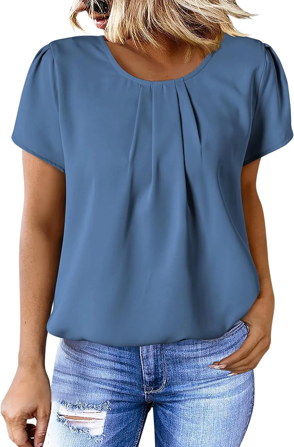 PRETTYGARDEN Women's Tops 2025 Casual Summer Round Neck Short Sleeve Basic Pleated Loose Fit Blouses Plain Tunic Shirts