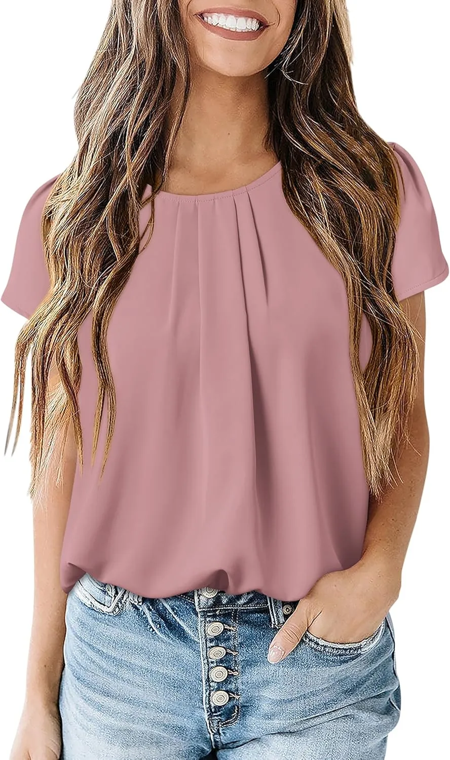 PRETTYGARDEN Women's Tops 2025 Casual Summer Round Neck Short Sleeve Basic Pleated Loose Fit Blouses Plain Tunic Shirts