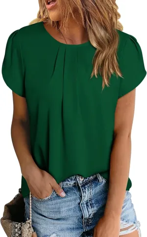 PRETTYGARDEN Women's Tops 2025 Casual Summer Round Neck Short Sleeve Basic Pleated Loose Fit Blouses Plain Tunic Shirts
