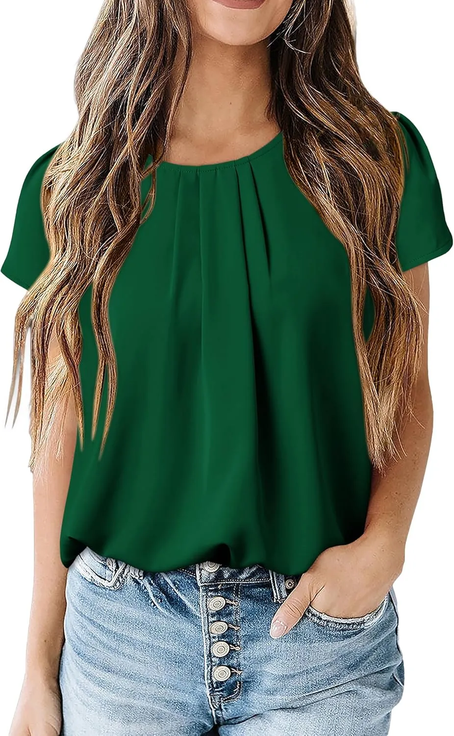 PRETTYGARDEN Women's Tops 2025 Casual Summer Round Neck Short Sleeve Basic Pleated Loose Fit Blouses Plain Tunic Shirts