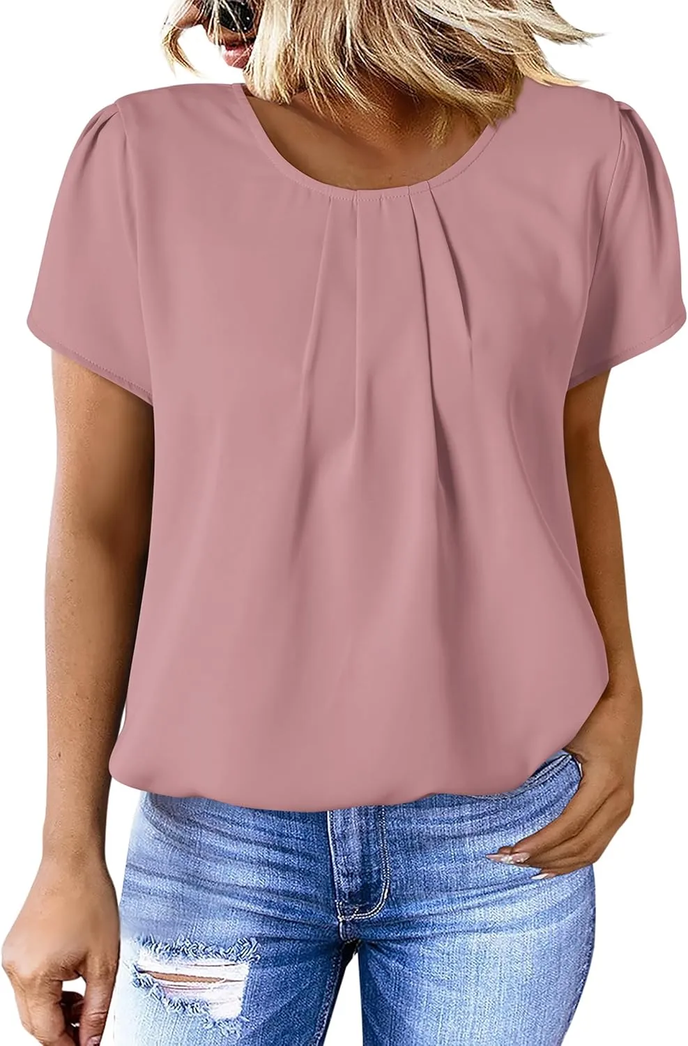 PRETTYGARDEN Women's Tops 2025 Casual Summer Round Neck Short Sleeve Basic Pleated Loose Fit Blouses Plain Tunic Shirts