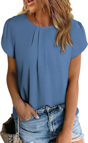 PRETTYGARDEN Women's Tops 2025 Casual Summer Round Neck Short Sleeve Basic Pleated Loose Fit Blouses Plain Tunic Shirts