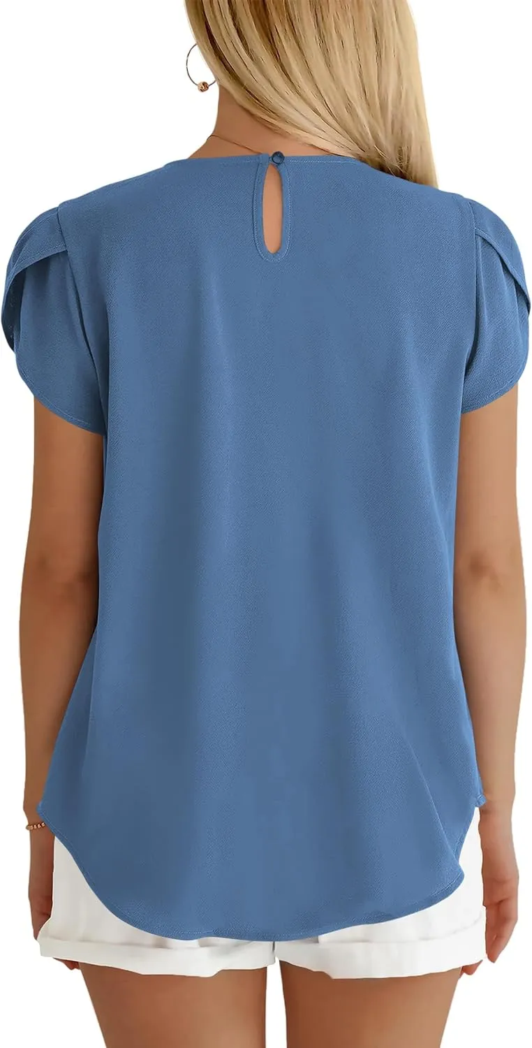 PRETTYGARDEN Women's Tops 2025 Casual Summer Round Neck Short Sleeve Basic Pleated Loose Fit Blouses Plain Tunic Shirts