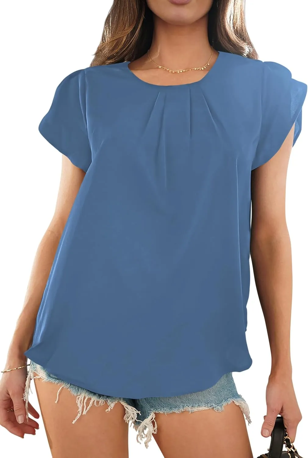 PRETTYGARDEN Women's Tops 2025 Casual Summer Round Neck Short Sleeve Basic Pleated Loose Fit Blouses Plain Tunic Shirts