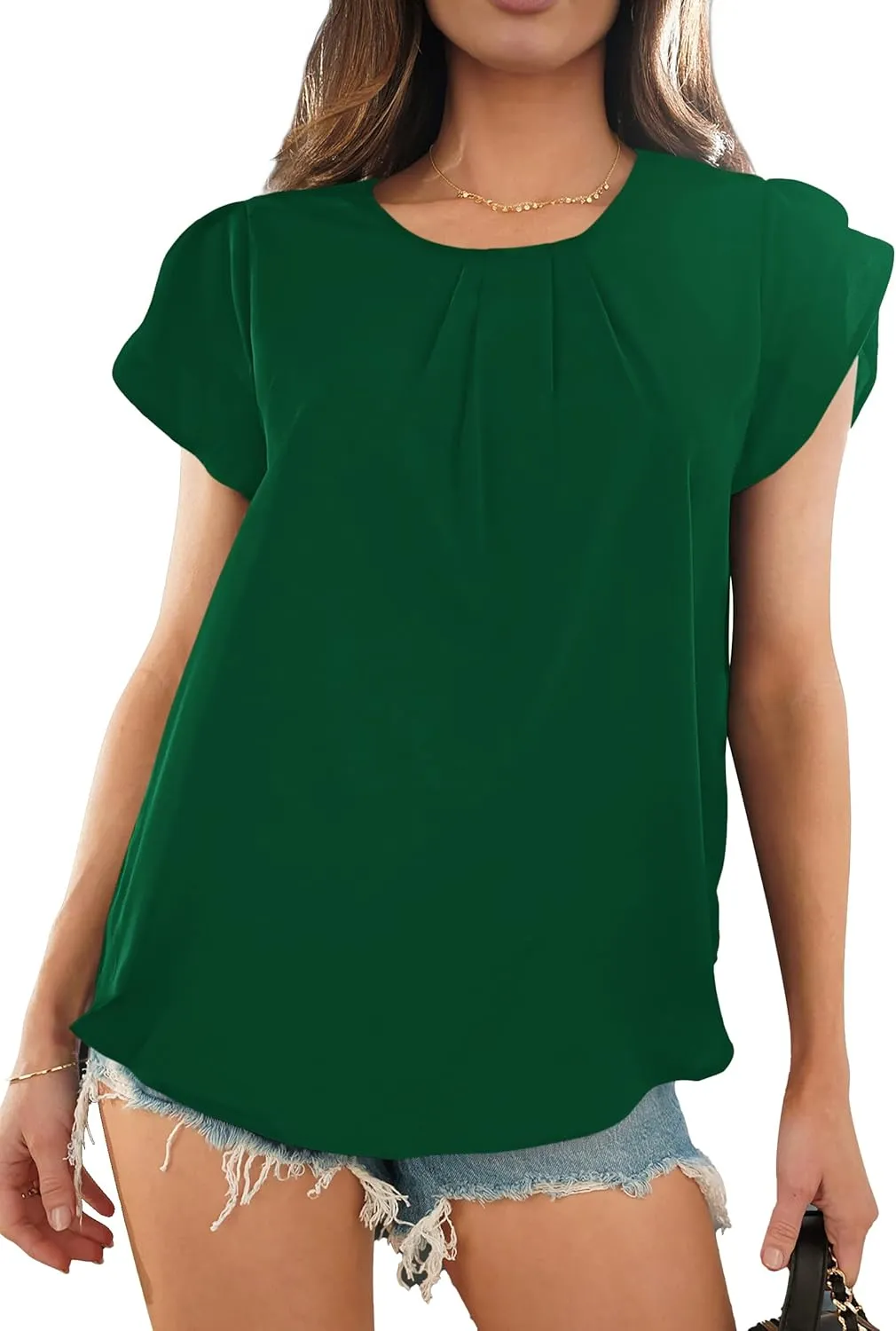 PRETTYGARDEN Women's Tops 2025 Casual Summer Round Neck Short Sleeve Basic Pleated Loose Fit Blouses Plain Tunic Shirts