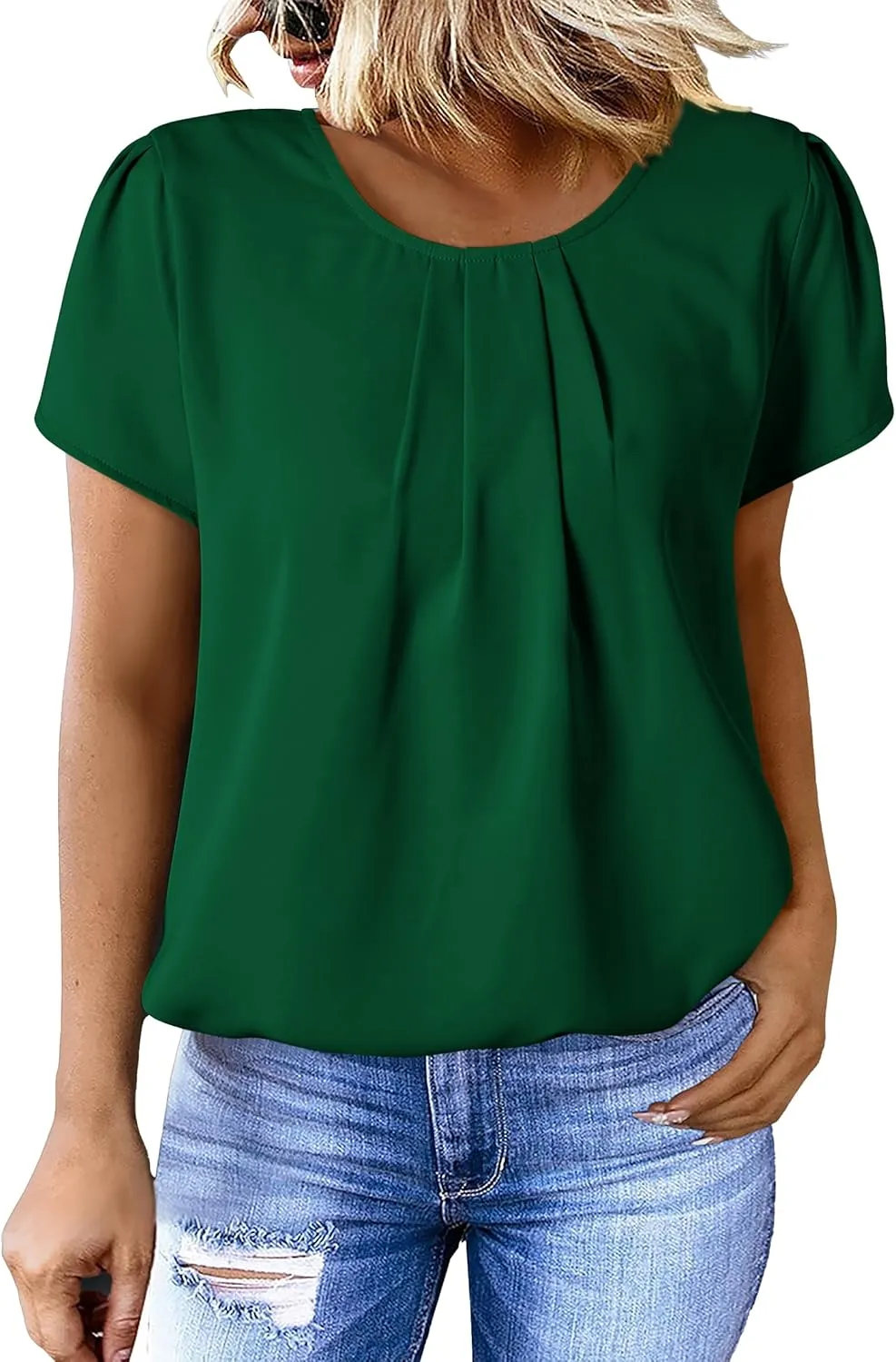 PRETTYGARDEN Women's Tops 2025 Casual Summer Round Neck Short Sleeve Basic Pleated Loose Fit Blouses Plain Tunic Shirts