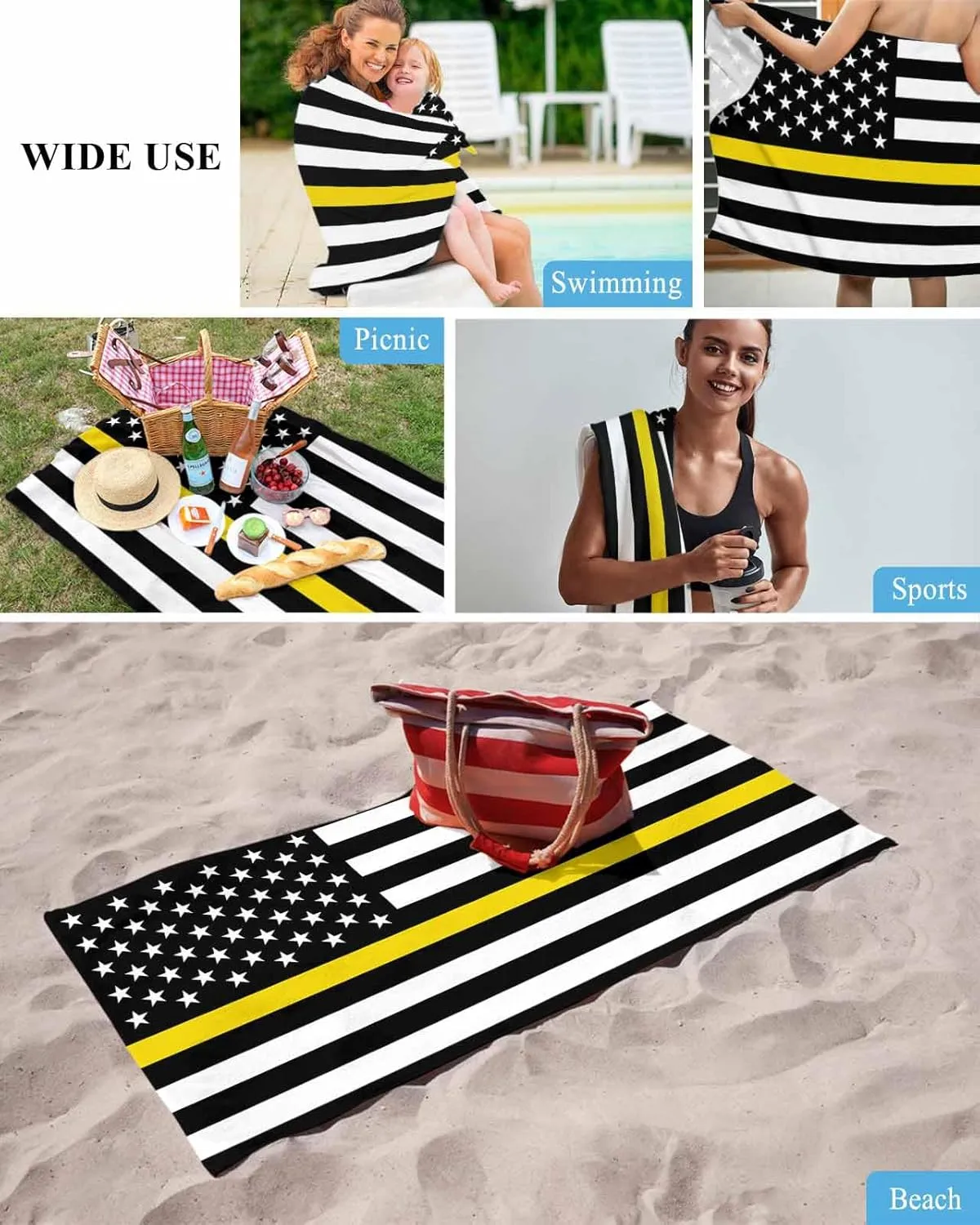Prime Leader Beach Towel 31”x62” Large, Thin Yellow Line Gold Emergency Dispatchers Truck Flag Lightweight Microfiber Beach Towels, Absorbent Sand Free Beach Essentials for Beach Pool Travel Camping