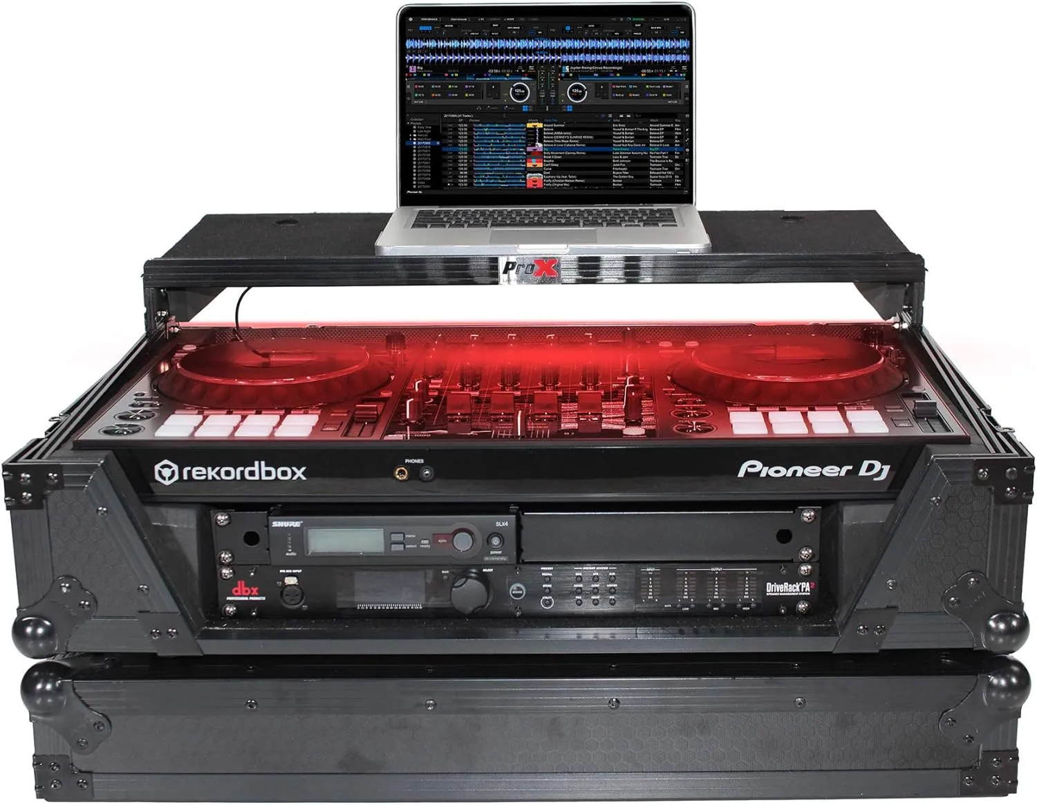 ProX Flight Case for Pioneer DDJSX3/1000 SRT Controller with 2U Rack Space,Sliding Glide Laptop Shelf,Wheels and LED Kit-Black on Black Design-XS-SX1K2UWLTBLLED