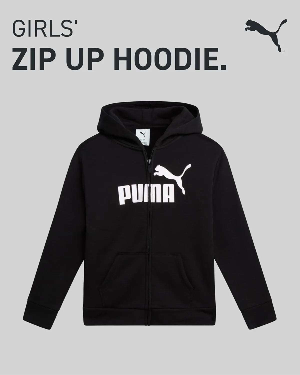 PUMA Girls' Zip Up Hoodie - Soft Core Fleece Hooded Graphic Logo Sweatshirt for Girls with Pockets (Sizes: 7-16)