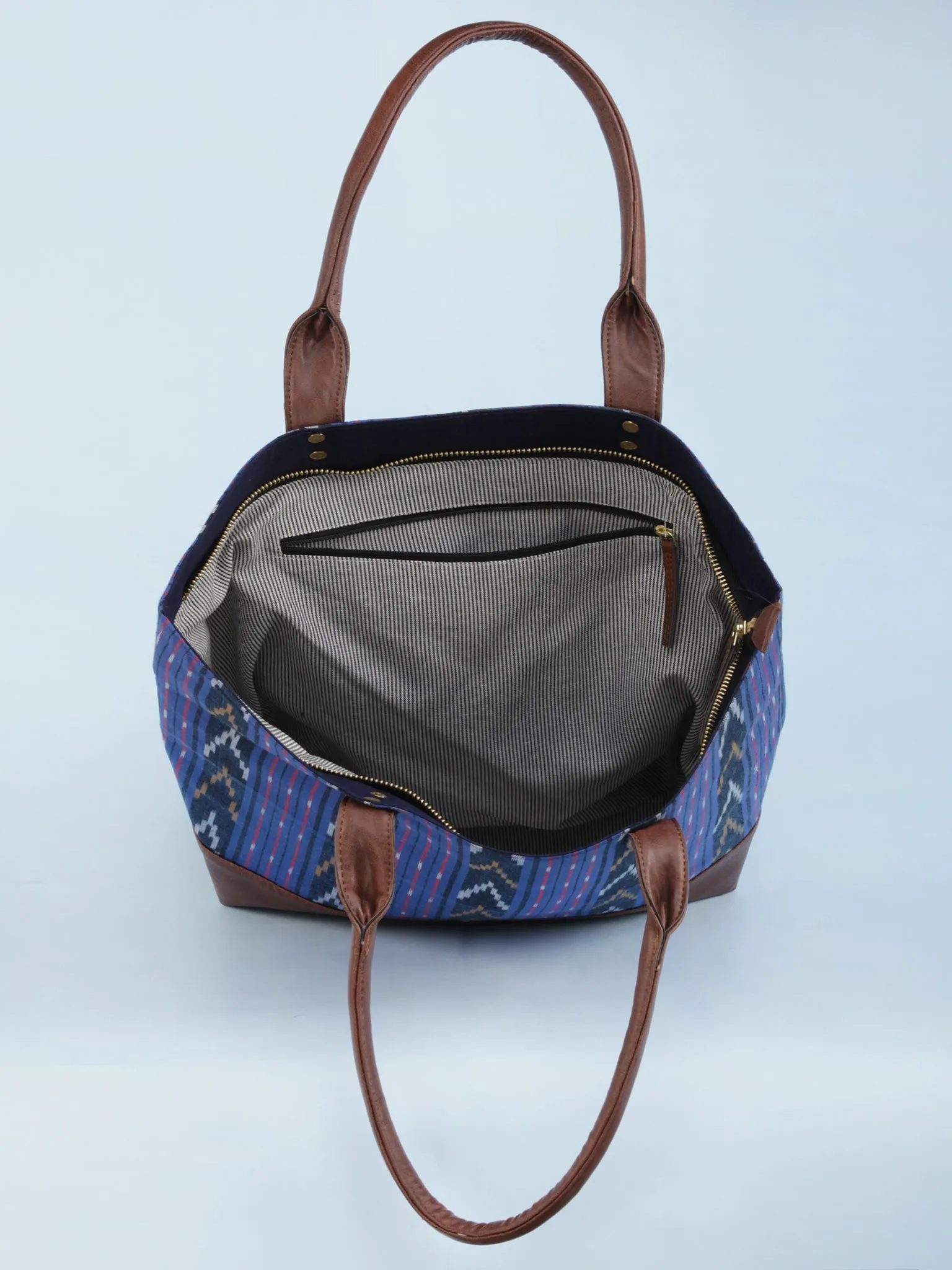 Purple Indigo Mustard Ikat & Vegan Leather Tote Bag - B1006