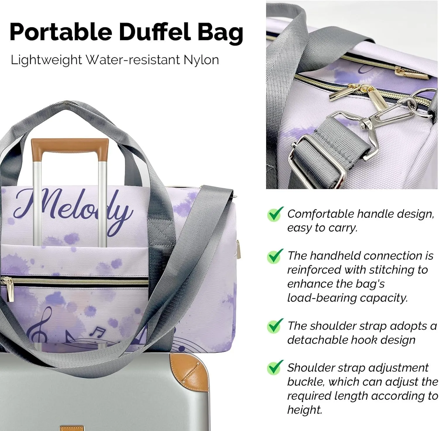 Purple Note Musical Personalized Duffel Bag,Custom Travel Gym Bag with Name,Waterproof Sports Overnight Bag with Shoe Compartment & Shoulder Strap