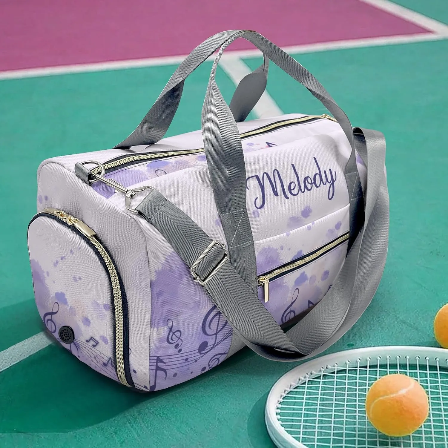 Purple Note Musical Personalized Duffel Bag,Custom Travel Gym Bag with Name,Waterproof Sports Overnight Bag with Shoe Compartment & Shoulder Strap