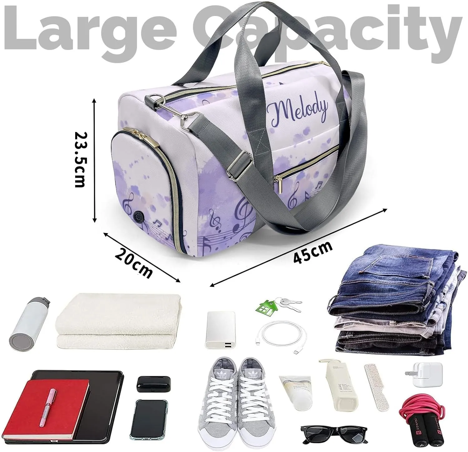 Purple Note Musical Personalized Duffel Bag,Custom Travel Gym Bag with Name,Waterproof Sports Overnight Bag with Shoe Compartment & Shoulder Strap