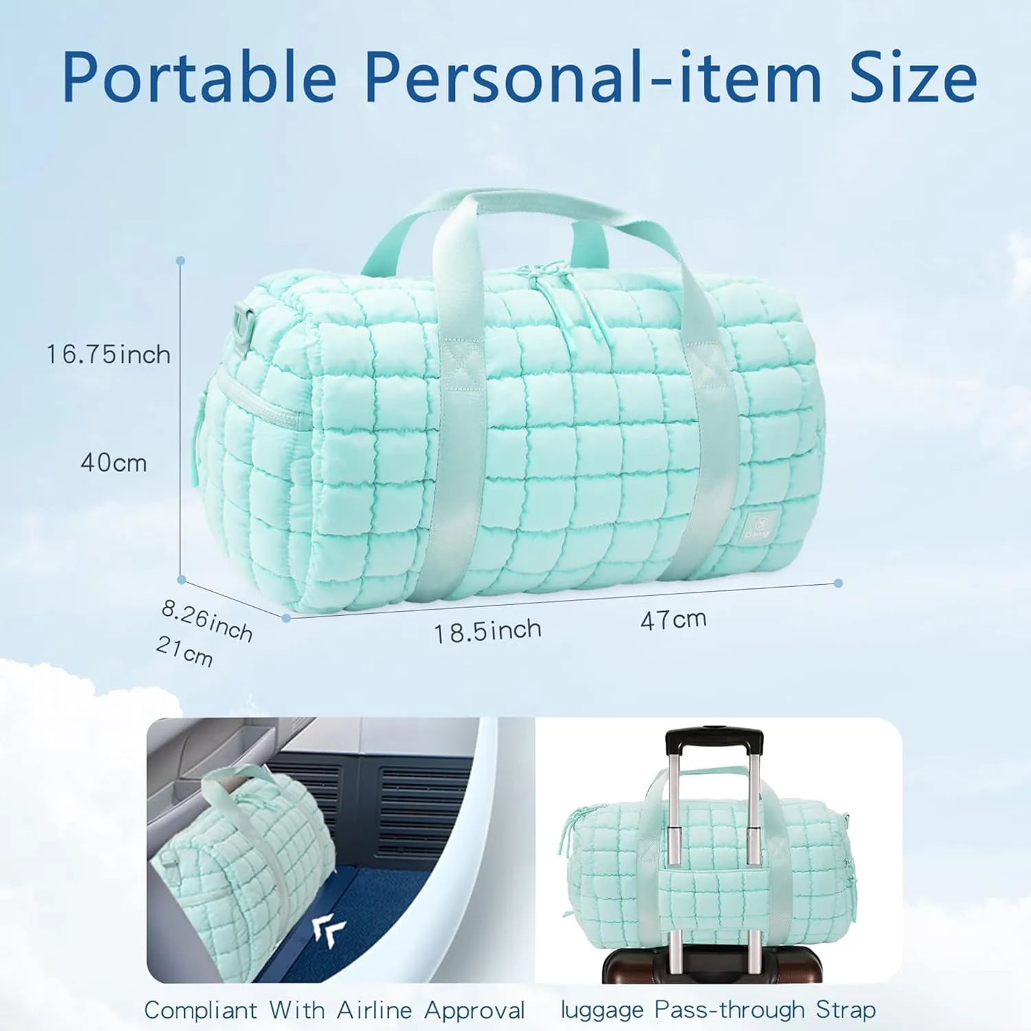 Quilted Gym Bag for Women,Duffle Bag for Travel with Wet Pocket,Carry on Weekender Bags for Women,Travel Bag with Shoe Compartment (Ice blue)