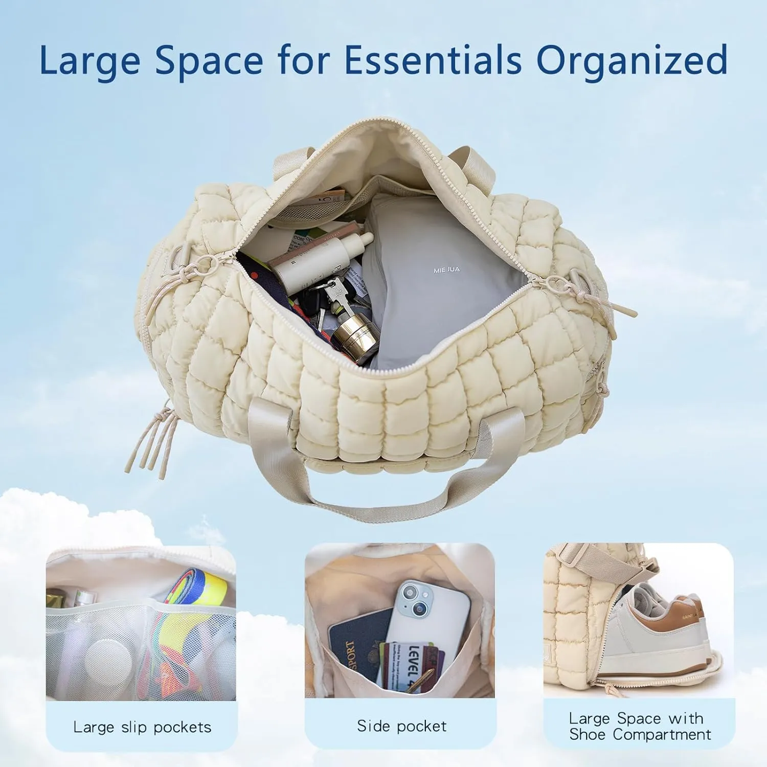Quilted Gym Bag for Women,Duffle Bag for Travel with Wet Pocket,Carry on Weekender Bags for Women,Travel Bag with Shoe Compartment(Beige)