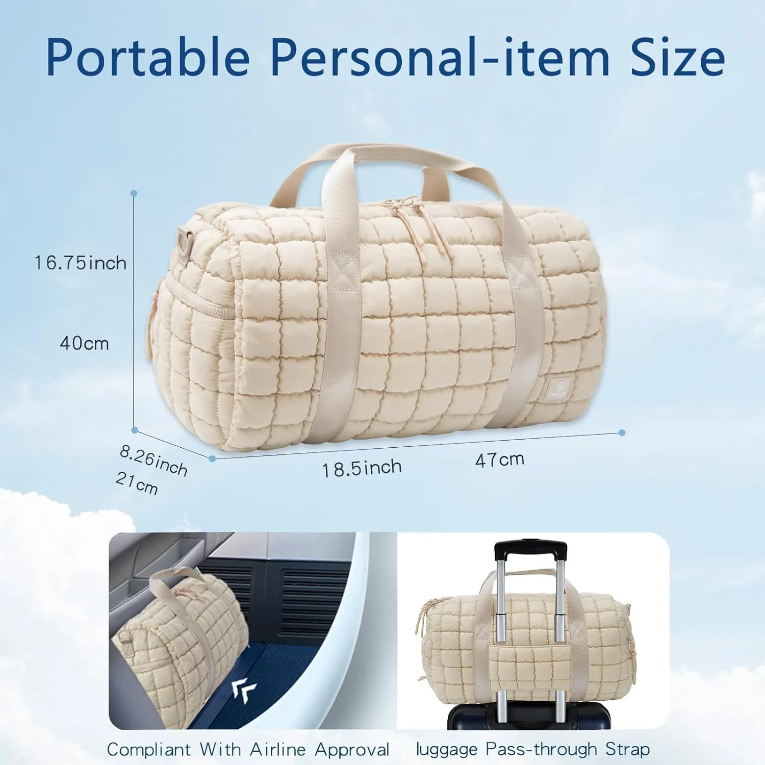 Quilted Gym Bag for Women,Duffle Bag for Travel with Wet Pocket,Carry on Weekender Bags for Women,Travel Bag with Shoe Compartment(Beige)