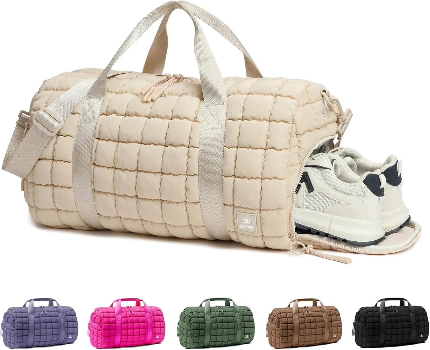 Quilted Gym Bag for Women,Duffle Bag for Travel with Wet Pocket,Carry on Weekender Bags for Women,Travel Bag with Shoe Compartment(Beige)