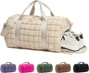 Quilted Gym Bag for Women,Duffle Bag for Travel with Wet Pocket,Carry on Weekender Bags for Women,Travel Bag with Shoe Compartment(Beige)