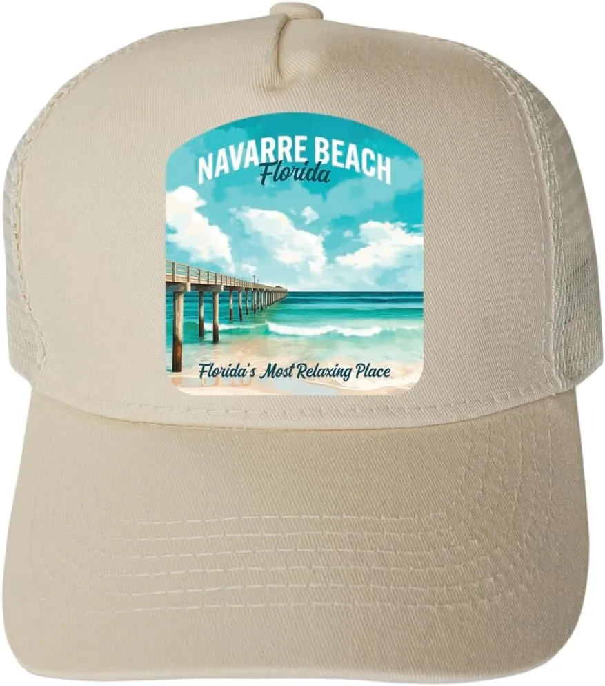 R and R Imports Navarre Beach Florida Pier Painting Design Navy Unisex Mesh Snapback Trucker Hat