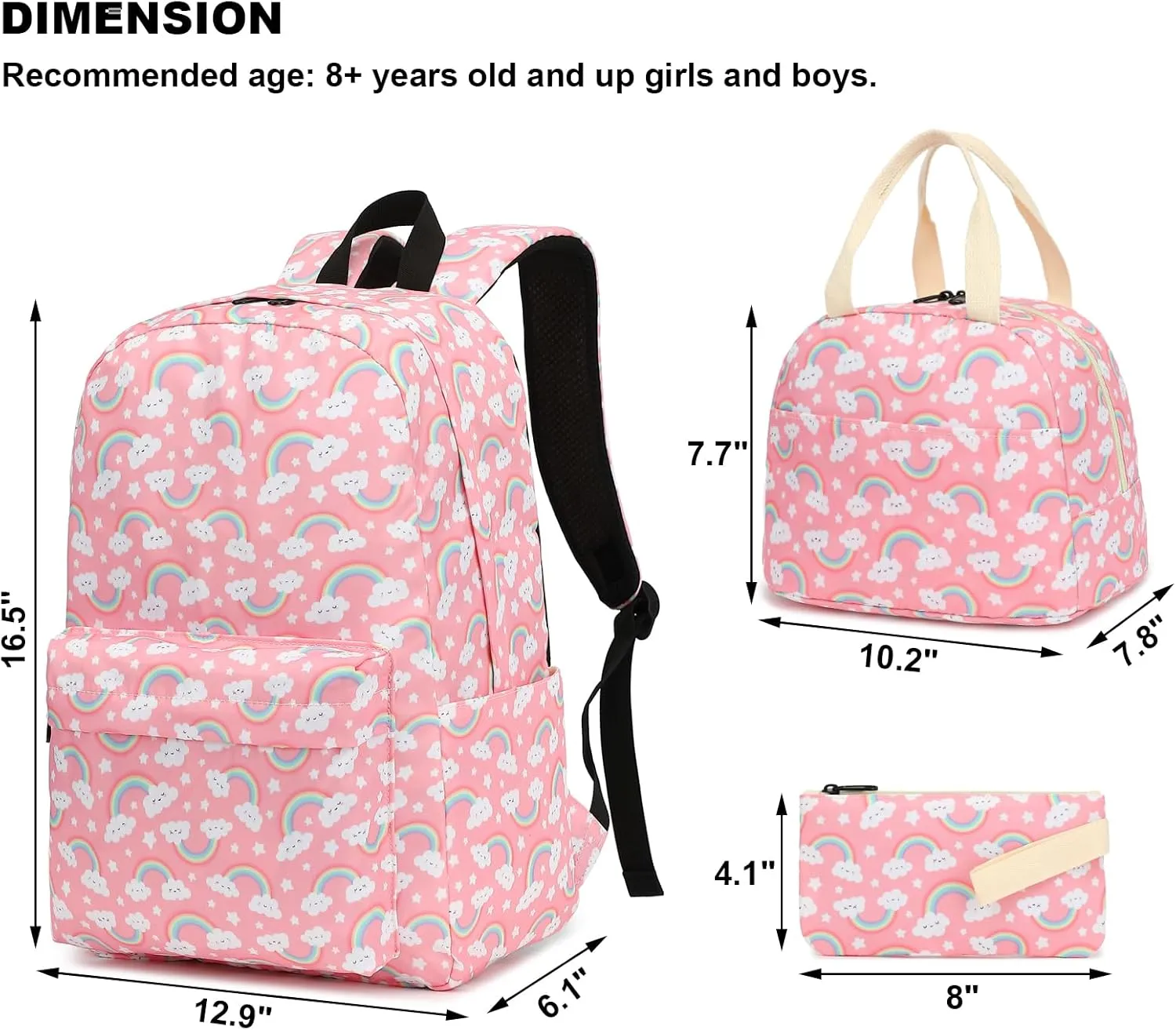 Rainbow School Backpack for Teen Girls, 3-in-1 Kids Backpack Bookbag Set School Bags with Lunch Box Pencil Case