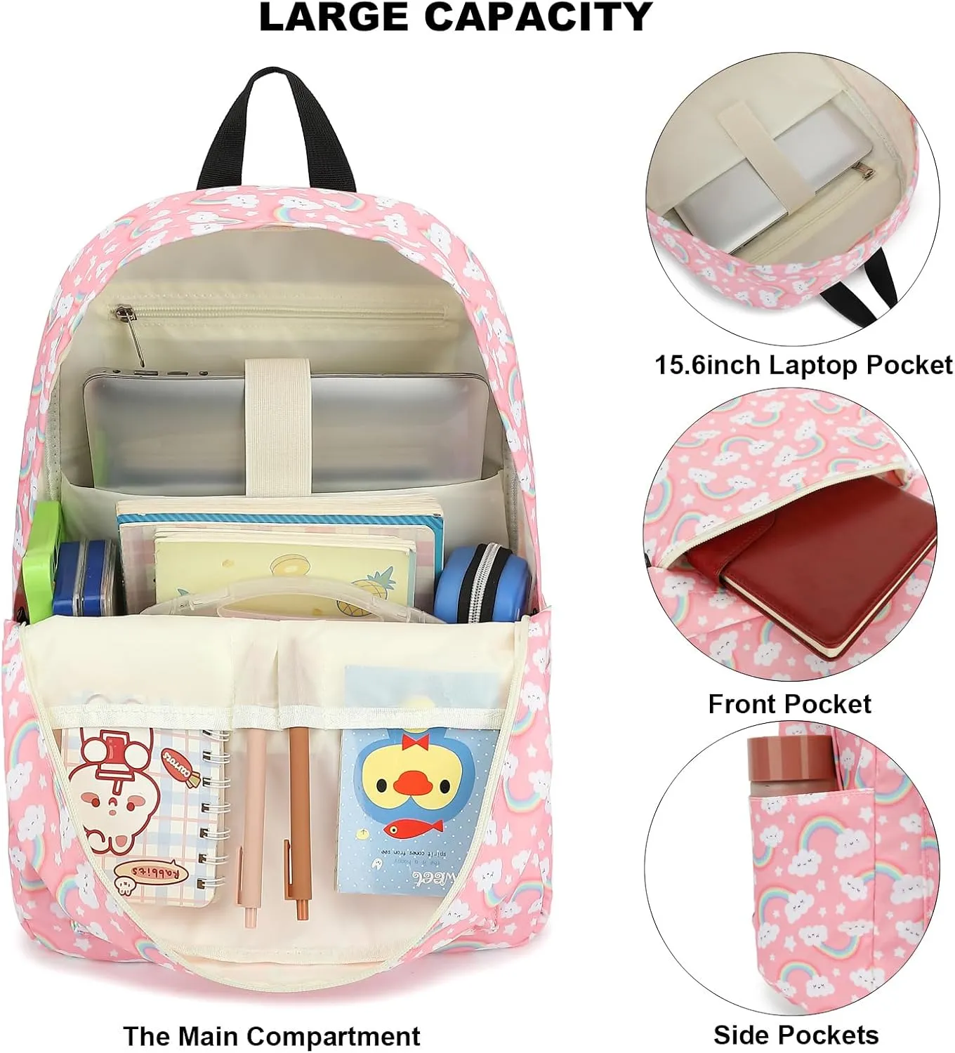 Rainbow School Backpack for Teen Girls, 3-in-1 Kids Backpack Bookbag Set School Bags with Lunch Box Pencil Case