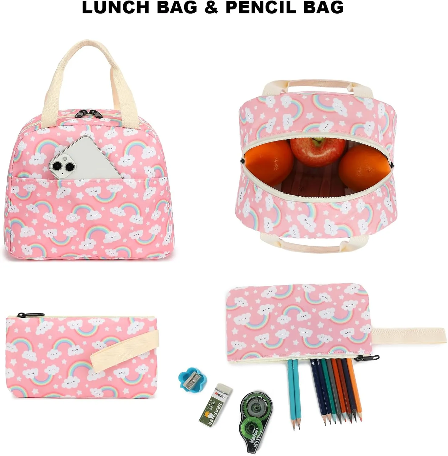Rainbow School Backpack for Teen Girls, 3-in-1 Kids Backpack Bookbag Set School Bags with Lunch Box Pencil Case