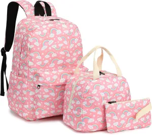 Rainbow School Backpack for Teen Girls, 3-in-1 Kids Backpack Bookbag Set School Bags with Lunch Box Pencil Case