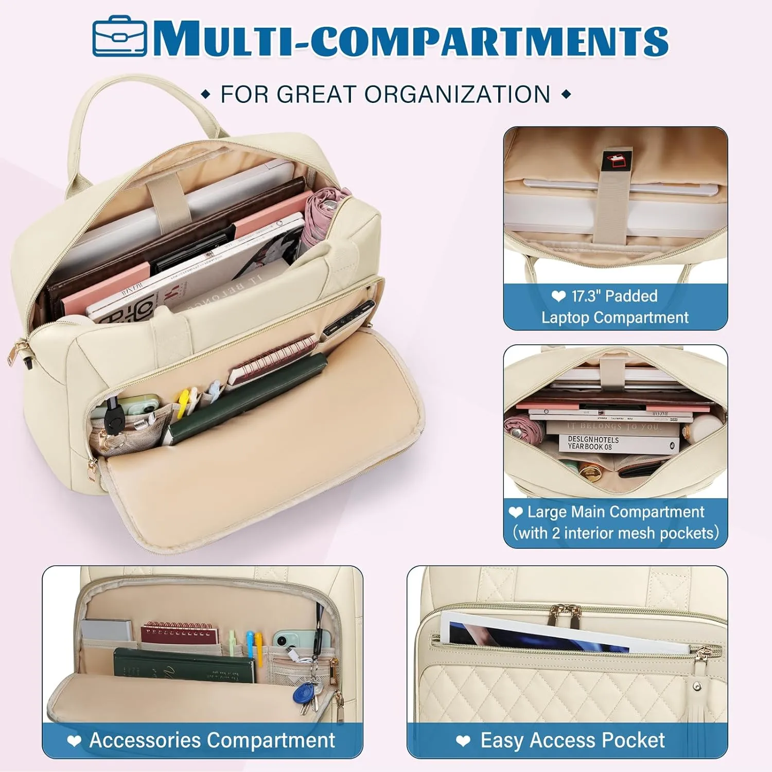 RAINSMORE Laptop Bag 17.3 Inch Briefcase for Women Waterproof Computer Messenger Shoulder Bags Large Laptop Case for Work Business Office Travel College, Beige