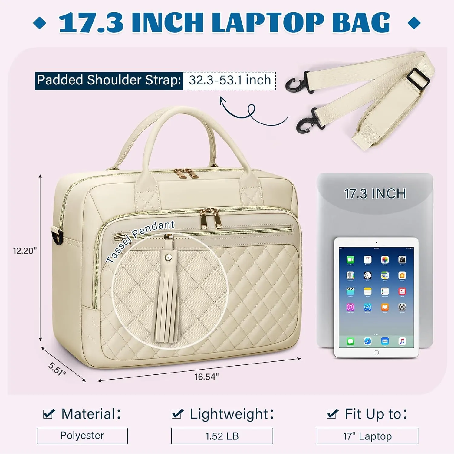 RAINSMORE Laptop Bag 17.3 Inch Briefcase for Women Waterproof Computer Messenger Shoulder Bags Large Laptop Case for Work Business Office Travel College, Beige