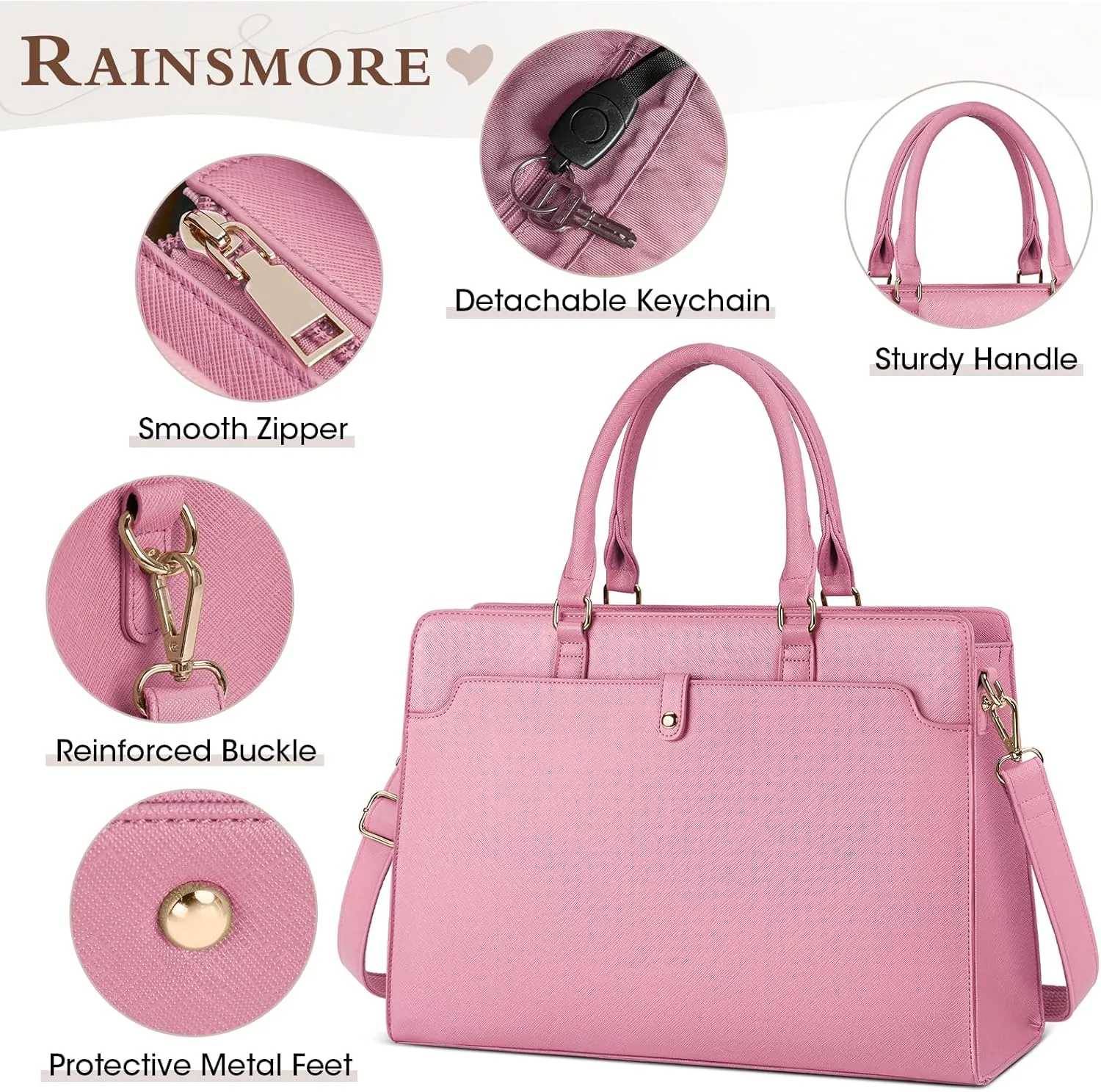RAINSMORE Laptop Bag for Women 15.6 Inch Laptop Tote Bag Leather Work Bag Waterproof Womens Briefcase Business Office Computer Tote Bag Large Capacity Handbag Shoulder Bag Pink
