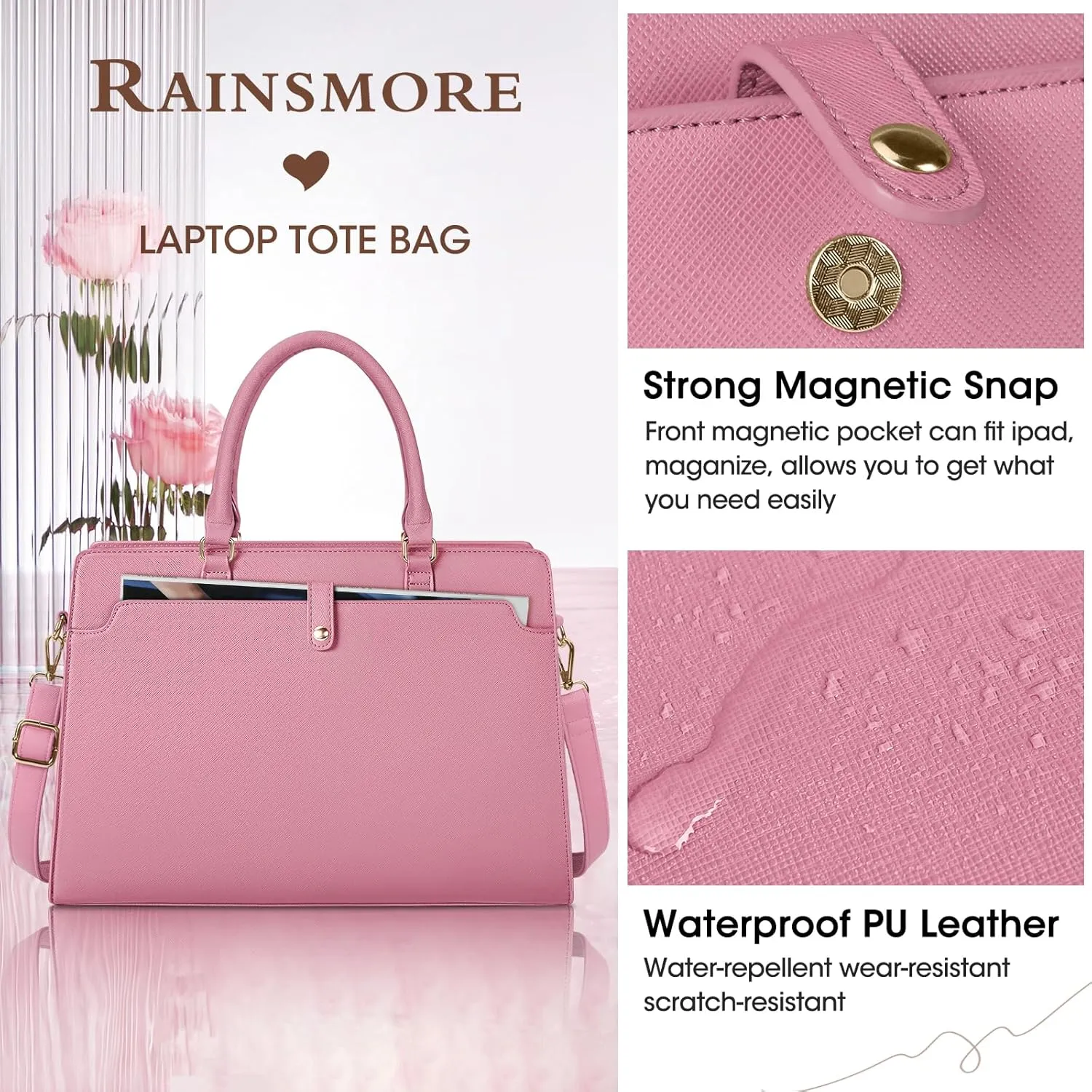 RAINSMORE Laptop Bag for Women 15.6 Inch Laptop Tote Bag Leather Work Bag Waterproof Womens Briefcase Business Office Computer Tote Bag Large Capacity Handbag Shoulder Bag Pink