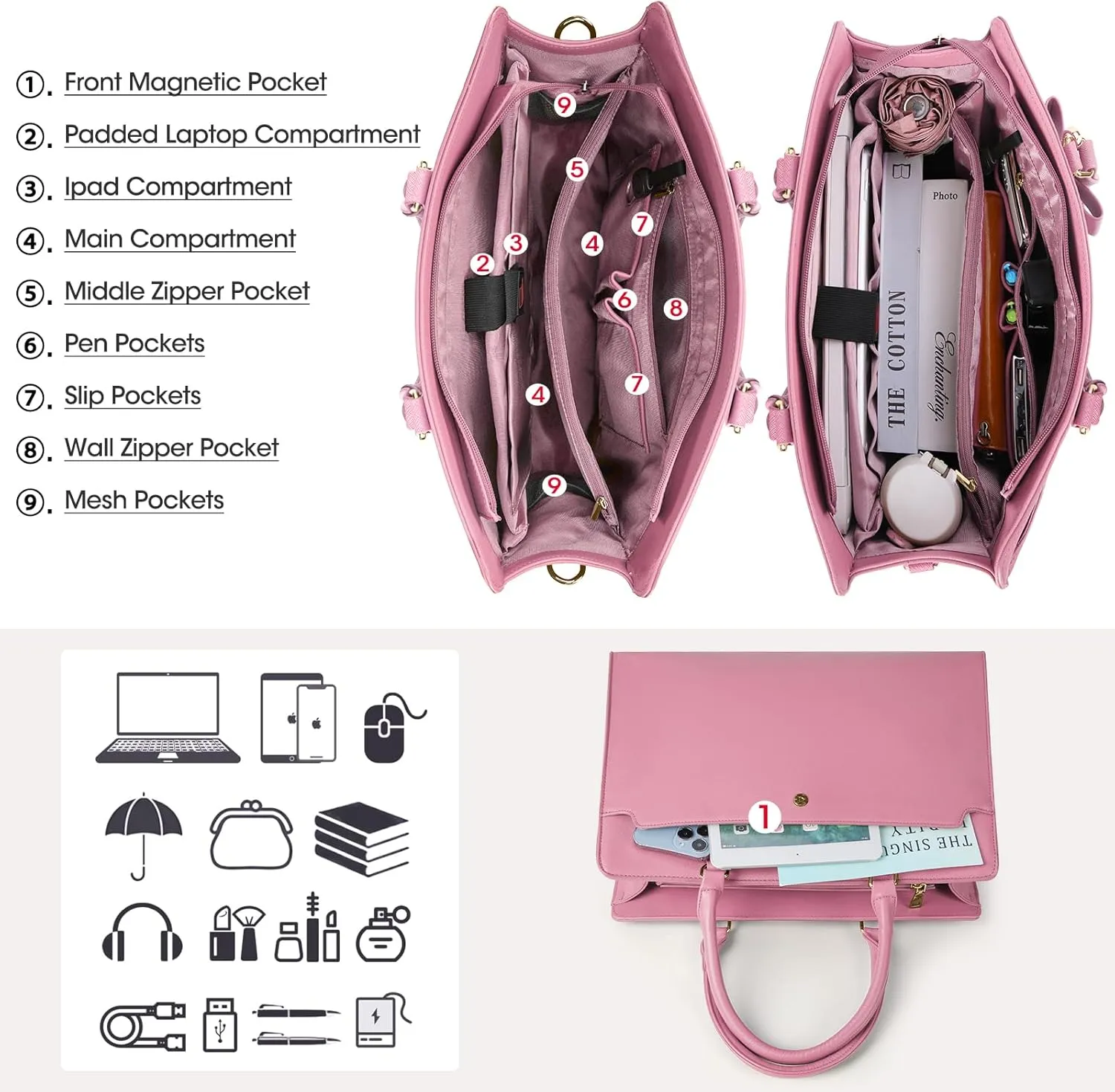 RAINSMORE Laptop Bag for Women 15.6 Inch Laptop Tote Bag Leather Work Bag Waterproof Womens Briefcase Business Office Computer Tote Bag Large Capacity Handbag Shoulder Bag Pink