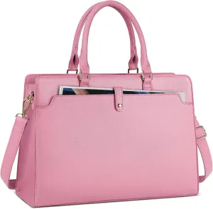 RAINSMORE Laptop Bag for Women 15.6 Inch Laptop Tote Bag Leather Work Bag Waterproof Womens Briefcase Business Office Computer Tote Bag Large Capacity Handbag Shoulder Bag Pink