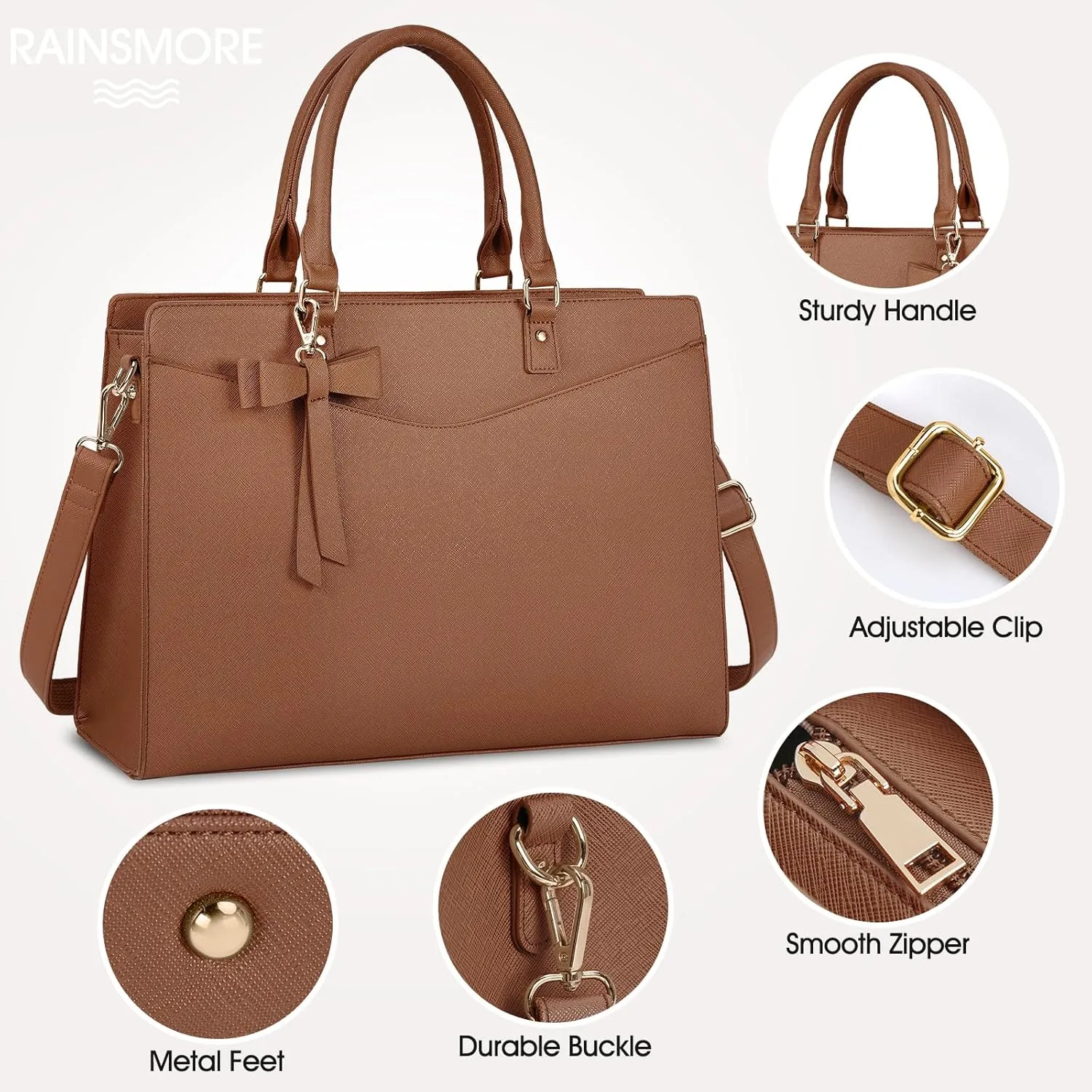 RAINSMORE Laptop Bag for Women 15.6 Inch PU Leather Laptop Tote Professional Business Office Work Bag Waterproof Briefcase Computer Tote Bag Large Lightweight Handbag Shoulder Bag