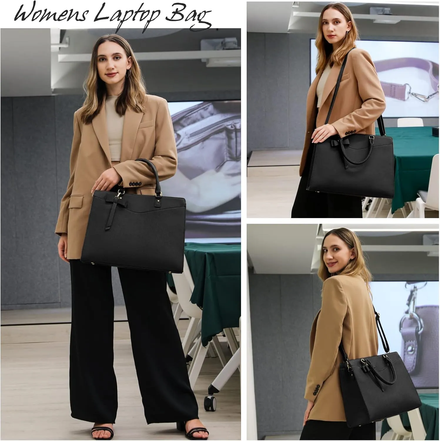 RAINSMORE Laptop Bag for Women 15.6 Inch PU Tote Bag Business Office Work Bag Waterproof Briefcase Computer Tote Lightweight Handbag Shoulder, Black