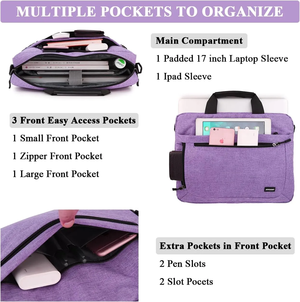 RAVUO Laptop Bag for Women, Water Resistant Lightweight 17inch Shockproof Laptop Shoulder Bag Sleeve Case Business Briefcase with Shoulder Strap Purple