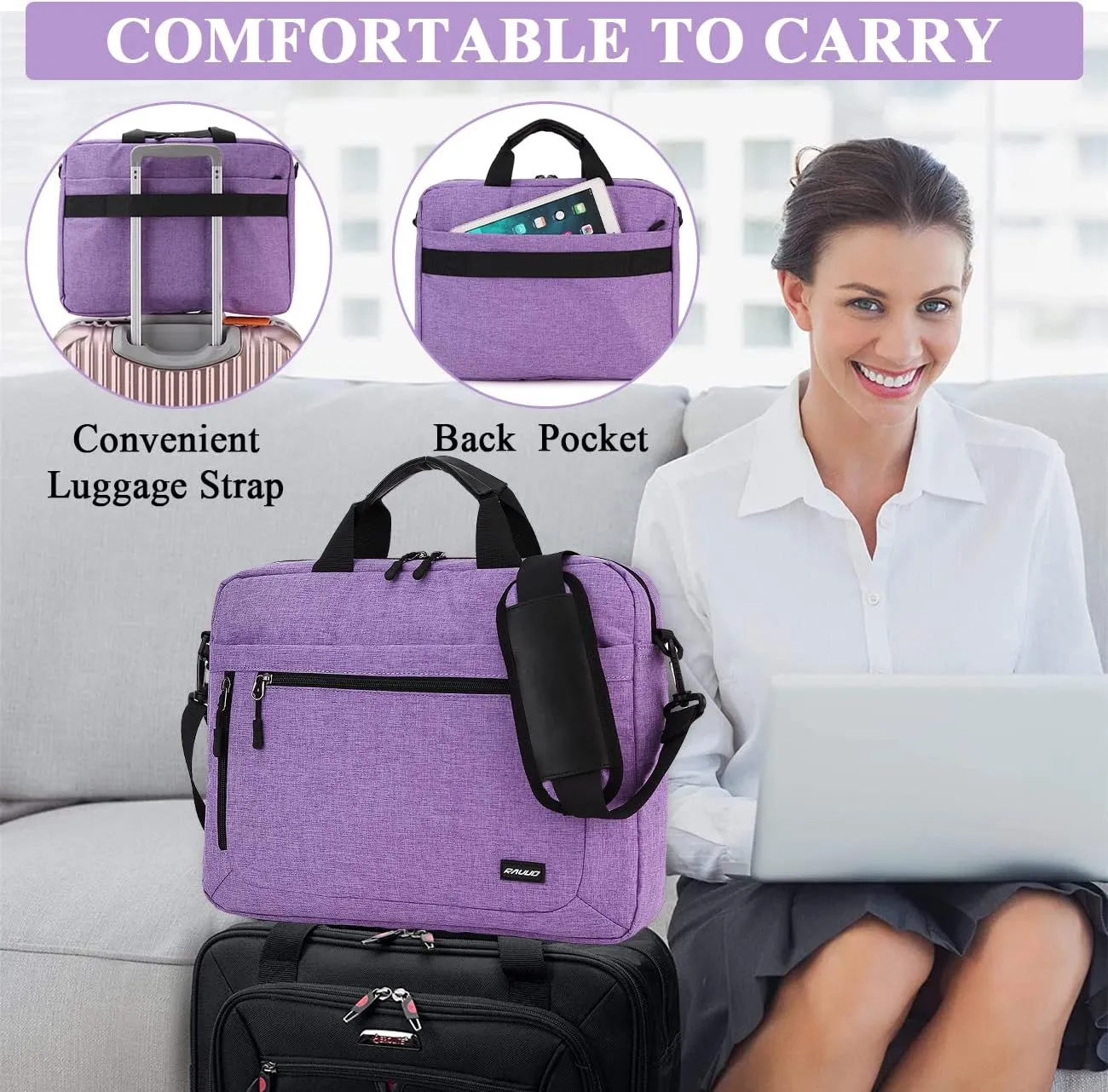 RAVUO Laptop Bag for Women, Water Resistant Lightweight 17inch Shockproof Laptop Shoulder Bag Sleeve Case Business Briefcase with Shoulder Strap Purple