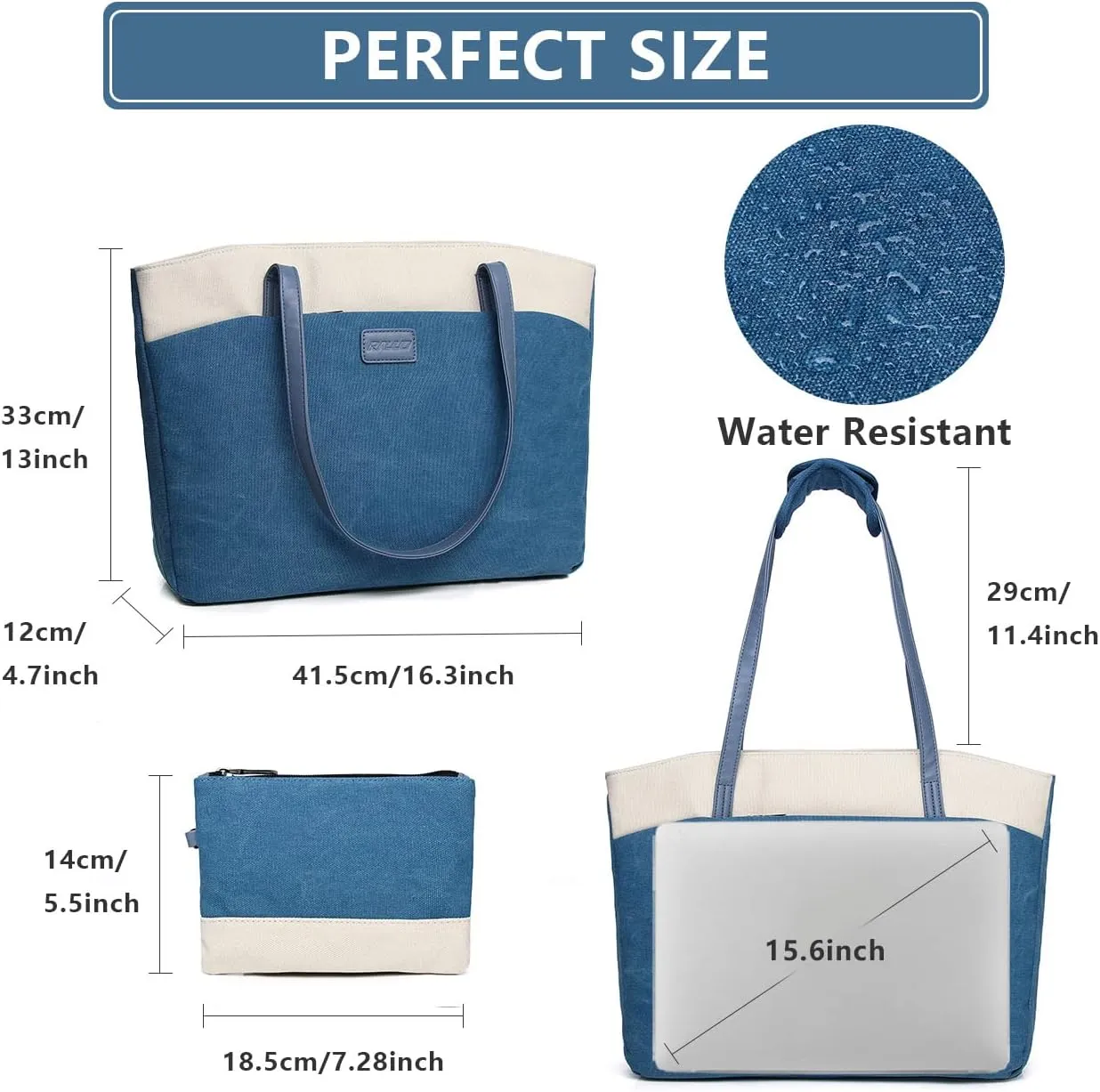 RAVUO Tote Bag for Women, Water Resistant 2PCS Set 15.6 Inch Laptop Travelling Bags Work Teacher Purse W Portable Pouch