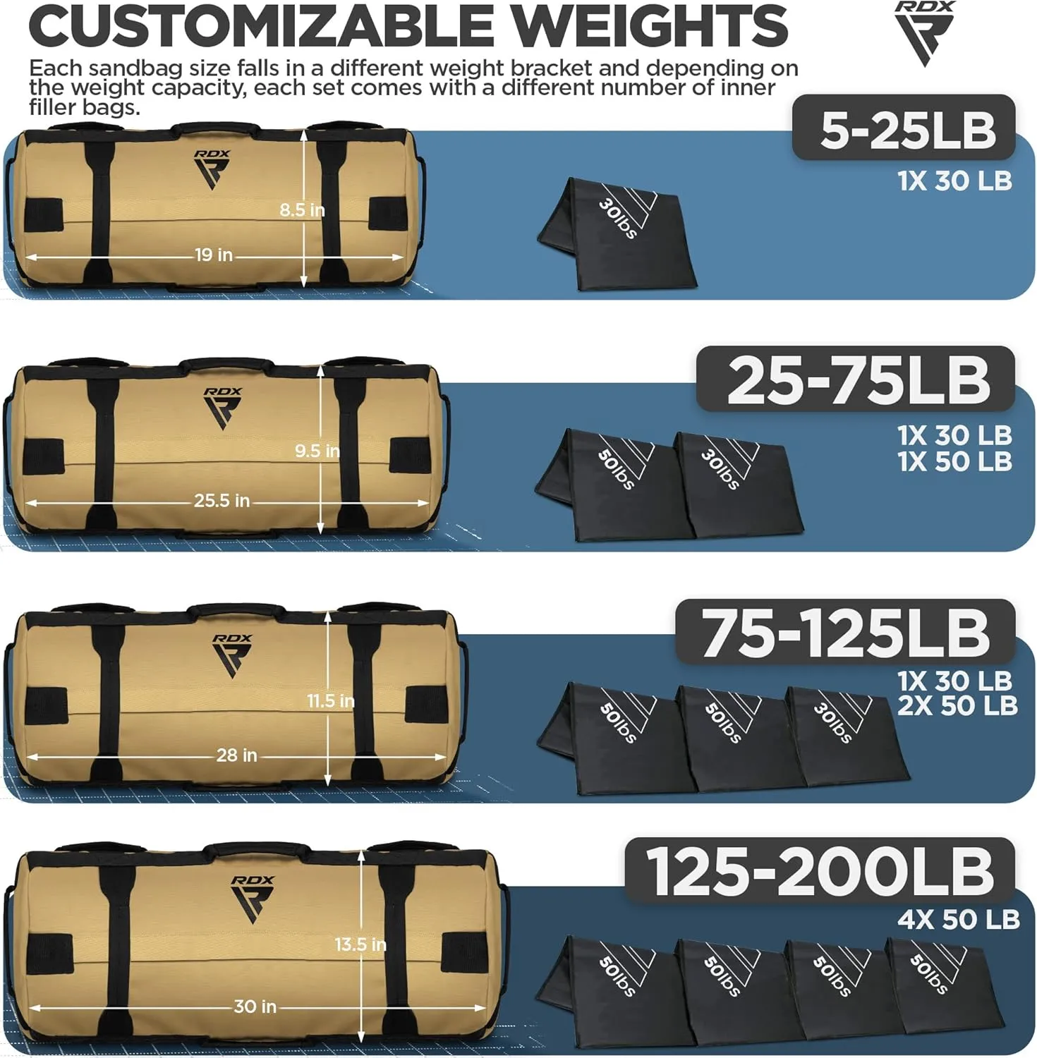 RDX Sandbag for Fitness Weights Training, Unfilled Power Bags with Handles, 5-200 LBs Adjustable Weighted Slam Bag for Strength Powerlifting Running Heavy Workout Home Gym Exercise, Sold AS UNFILLED